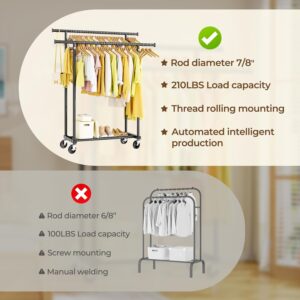 HYSEYY Double Rods Clothes Rack, Rolling Clothing Rack for Hanging Clothes Portable Wardrobe Rack, Metal Garment Rack Sturdy Coat Rack for Bedroom Laundry Living Room, Black - Image 4