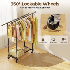 HYSEYY Double Rods Clothes Rack, Rolling Clothing Rack for Hanging Clothes Portable Wardrobe Rack, Metal Garment Rack Sturdy Coat Rack for Bedroom Laundry Living Room, Black - Image 5