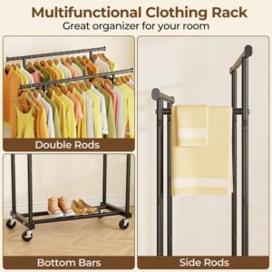 HYSEYY Double Rods Clothes Rack, Rolling Clothing Rack for Hanging Clothes Portable Wardrobe Rack, Metal Garment Rack Sturdy Coat Rack for Bedroom Laundry Living Room, Black - Image 6