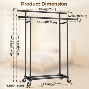 HYSEYY Double Rods Clothes Rack, Rolling Clothing Rack for Hanging Clothes Portable Wardrobe Rack, Metal Garment Rack Sturdy Coat Rack for Bedroom Laundry Living Room, Black - Image 8