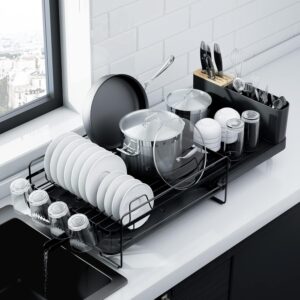 Kitsure Large Dish Drying Rack - Extendable Dish Rack, Multifunctional Dish Rack for Kitchen Counter, Anti-Rust Dish Drainers with Cutlery & Cup Holders 19.2"-26.7" L x 12.9" W, Black - Image 1