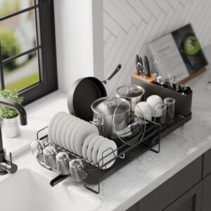Kitsure Large Dish Drying Rack - Extendable Dish Rack, Multifunctional Dish Rack for Kitchen Counter, Anti-Rust Dish Drainers with Cutlery & Cup Holders 19.2"-26.7" L x 12.9" W, Black - Image 9