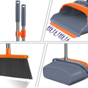 Upgrade Broom and Dustpan Set, Self-Cleaning with Dustpan Teeth, Indoor&Outdoor Sweeping, Ideal for Dog Cat Pets Home Use, Stand Up Broom and Dustpan (Gray&Orange) - Image 4