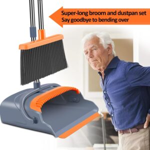 Upgrade Broom and Dustpan Set, Self-Cleaning with Dustpan Teeth, Indoor&Outdoor Sweeping, Ideal for Dog Cat Pets Home Use, Stand Up Broom and Dustpan (Gray&Orange) - Image 5