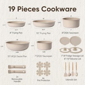 CAROTE 19pcs Pots and Pans Set Non Stick, Nonstick Cookware Set Detachable Handle, Induction Kitchen Cooking Sets with Removable Handle, RV Kitchen, Oven Safe, Taupe - Image 3