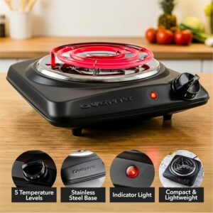 OVENTE Electric Countertop Single Burner, 1000W Cooktop with 6" Stainless Steel Coil Hot Plate, 5 Level Temperature Control, Indicator Light, Compact Cooking Stove and Easy to Clean, Black BGC101B - Image 4