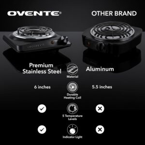 OVENTE Electric Countertop Single Burner, 1000W Cooktop with 6" Stainless Steel Coil Hot Plate, 5 Level Temperature Control, Indicator Light, Compact Cooking Stove and Easy to Clean, Black BGC101B - Image 5