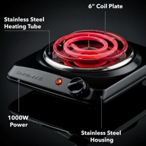 OVENTE Electric Countertop Single Burner, 1000W Cooktop with 6" Stainless Steel Coil Hot Plate, 5 Level Temperature Control, Indicator Light, Compact Cooking Stove and Easy to Clean, Black BGC101B - Image 7