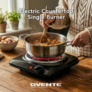 OVENTE Electric Countertop Single Burner, 1000W Cooktop with 6" Stainless Steel Coil Hot Plate, 5 Level Temperature Control, Indicator Light, Compact Cooking Stove and Easy to Clean, Black BGC101B - Image 9