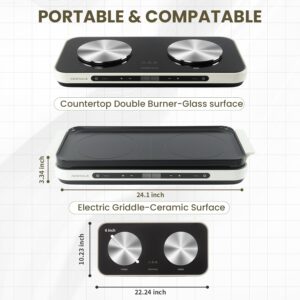 AEWHALE Countertop Double Burners with Removable Griddle Pan Non-stick,1200W+600W Electric Hot Plate with Sensor Touch for Adjustable Temperature/Time - Image 3