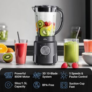 Bear 800W 6-Speed Blender, Smoothie Blender for Kitchen with 50oz(1.5L) BPA-Free Cup/Suction Feet/Feeding Hole/10 blades, Countertop Blender for Smoothies, Crush Ice, Frozen Fruit, Juice and Puree - Image 4