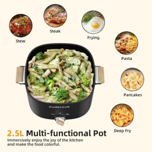 Audecook Hot Pot Electric, 2.5L Portable Nonstick Multicooker for 1-3 Persons, Honeycomb Texture Travel Electric Skillet with Dual Power Temperature Control for Steak/Egg/Noodles/Oatmeal (Black) - Image 4