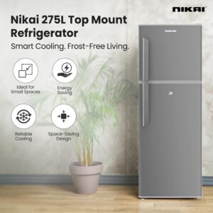Nikai 275L Gross/190L Net, Top Mount Double Door Refrigerator, with Vegetable Crisper & Adjustable Glass Shelves, Defrosting & Temperature Control, For Kitchen, Bedroom, Office & Hotels - NRF275DN3S - Image 2