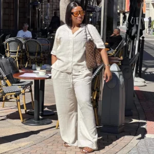 Women Pant Set Two Piece Sets V Neck Short Sleeve Shirt Top Wide Leg Long Pants Lace Up Elastic Waist Y2k Streetwear 2026 - Image 2