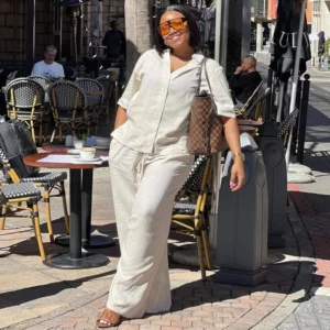 Women Pant Set Two Piece Sets V Neck Short Sleeve Shirt Top Wide Leg Long Pants Lace Up Elastic Waist Y2k Streetwear 2026 - Image 3