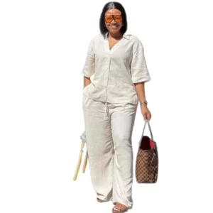 Women Pant Set Two Piece Sets V Neck Short Sleeve Shirt Top Wide Leg Long Pants Lace Up Elastic Waist Y2k Streetwear 2026 - Image 5