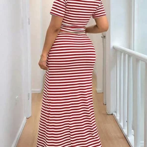 GIBSIE Plus Size Striped O-Neck Short Sleeve Crop Top Women Summer Mermaid Hem Long Skirts Set Female Casual Two Piece Outfit - Image 2