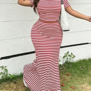 GIBSIE Plus Size Striped O-Neck Short Sleeve Crop Top Women Summer Mermaid Hem Long Skirts Set Female Casual Two Piece Outfit - Image 5