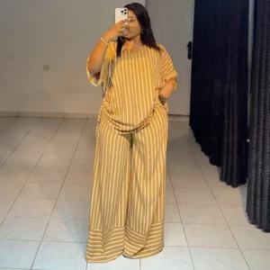 Pant Set Women Two Piece Sets V Neck Short Sleeve Drawstring Shirt Striped Wide Leg Long Pants Elastic Waist Y2k Streetwear 2026 - Image 2