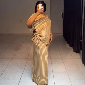 Pant Set Women Two Piece Sets V Neck Short Sleeve Drawstring Shirt Striped Wide Leg Long Pants Elastic Waist Y2k Streetwear 2026 - Image 3