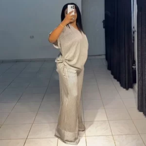 Pant Set Women Two Piece Sets V Neck Short Sleeve Drawstring Shirt Striped Wide Leg Long Pants Elastic Waist Y2k Streetwear 2026 - Image 4