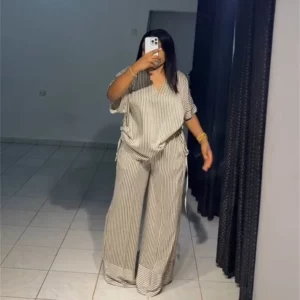 Pant Set Women Two Piece Sets V Neck Short Sleeve Drawstring Shirt Striped Wide Leg Long Pants Elastic Waist Y2k Streetwear 2026 - Image 6