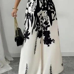 Women's Tropical Print Wide-Leg Pants, Elastic Waist Design, Slim Fit for Casual Vacation Wear - Image 3