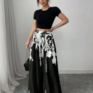 Women's Tropical Print Wide-Leg Pants, Elastic Waist Design, Slim Fit for Casual Vacation Wear - Image 4