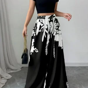 Women's Tropical Print Wide-Leg Pants, Elastic Waist Design, Slim Fit for Casual Vacation Wear - Image 5