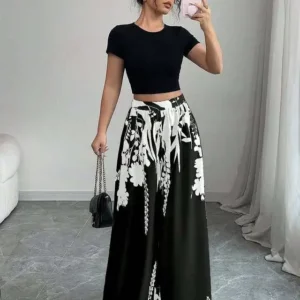 Women's Tropical Print Wide-Leg Pants, Elastic Waist Design, Slim Fit for Casual Vacation Wear - Image 6