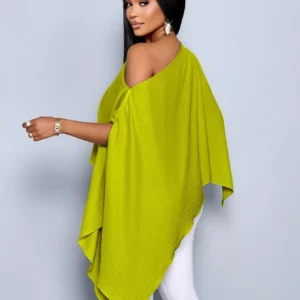 Women's single-shoulder cape sleeve asymmetrical hem linen shirt - Image 2