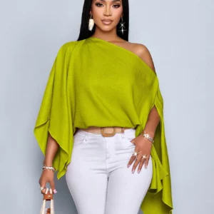 Women's single-shoulder cape sleeve asymmetrical hem linen shirt - Image 3