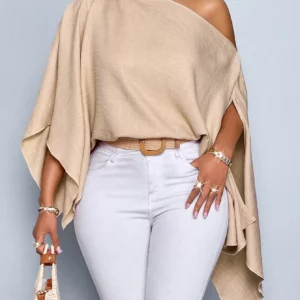Women's single-shoulder cape sleeve asymmetrical hem linen shirt - Image 4