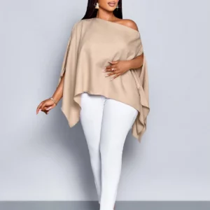 Women's single-shoulder cape sleeve asymmetrical hem linen shirt - Image 6