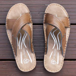 Men's Summer Slippers Genuine Leather Soft Bottom Beach Shoes Fashionable Trendy Sandals Comfortable Slip-On Slippers-X17 - Image 1
