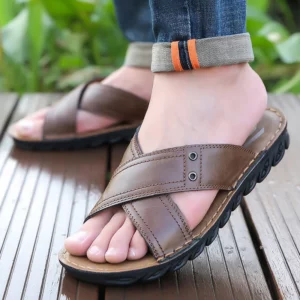 Men's Summer Slippers Genuine Leather Soft Bottom Beach Shoes Fashionable Trendy Sandals Comfortable Slip-On Slippers-X17 - Image 3