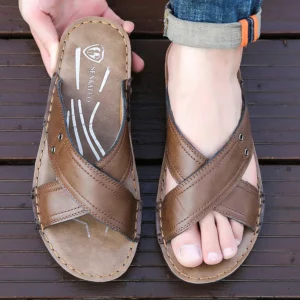 Men's Summer Slippers Genuine Leather Soft Bottom Beach Shoes Fashionable Trendy Sandals Comfortable Slip-On Slippers-X17 - Image 5