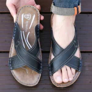 Men's Summer Slippers Genuine Leather Soft Bottom Beach Shoes Fashionable Trendy Sandals Comfortable Slip-On Slippers-X17 - Image 6