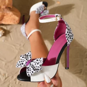 Aneikeh Fashion Summer Sweet Bow High Heel Sandals Women Thin Heels Open ToeButton Strap Color Blocked Party Prom Ladies Shoes - Image 2