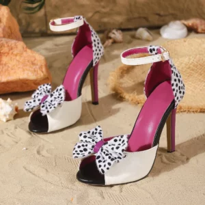 Aneikeh Fashion Summer Sweet Bow High Heel Sandals Women Thin Heels Open ToeButton Strap Color Blocked Party Prom Ladies Shoes - Image 4