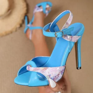 Aneikeh Blue Print High-heeled Sandals Women's Fashion Round Head Buckle Strap High Heel Sandals Wedding Party Stripper Shoes - Image 2