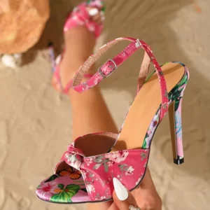 Eilyken Designer Printed Totem Satin Square Toe Women Sandals Summer Fashion Thin High Heels Buckle StrapBanquet Shoes - Image 2
