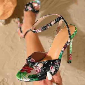 Eilyken Designer Printed Totem Satin Square Toe Women Sandals Summer Fashion Thin High Heels Buckle StrapBanquet Shoes - Image 3