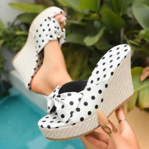Plus Size 43 Women Polka Dot Wedge Slide Sandals Bow Decor Ankle Strap Platform Shoes Summer Beach Footwear - Image 1