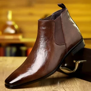 Leather Chelsea Boots Men's Spring Autumn High Top Pointed Toe Soft Leather Breathable Short Boots Casual Slip-On Shoes - Image 3