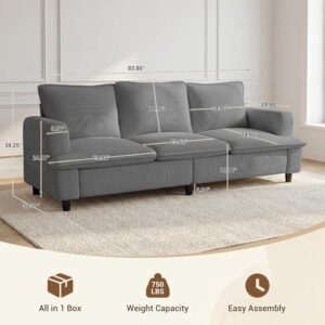 3 Seater Couch, 83" Comfy Corduroy Sofa with Deep Seat, Modern Sofa Couch for Living Room, Office, Bedroom, Apartment (Pillows not Included) - Image 2