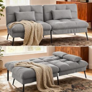 COMHOMA 72″ Futon Sofa Bed,Convertible Fabric Couch with Adjustable Backrest,Loveseat Recliner Sleeper Living Room Furniture futon Set (Grey) - Image 1