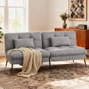 COMHOMA 72″ Futon Sofa Bed,Convertible Fabric Couch with Adjustable Backrest,Loveseat Recliner Sleeper Living Room Furniture futon Set (Grey) - Image 2