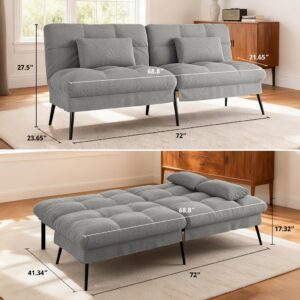 COMHOMA 72″ Futon Sofa Bed,Convertible Fabric Couch with Adjustable Backrest,Loveseat Recliner Sleeper Living Room Furniture futon Set (Grey) - Image 3