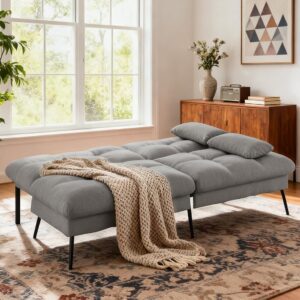 COMHOMA 72″ Futon Sofa Bed,Convertible Fabric Couch with Adjustable Backrest,Loveseat Recliner Sleeper Living Room Furniture futon Set (Grey) - Image 4